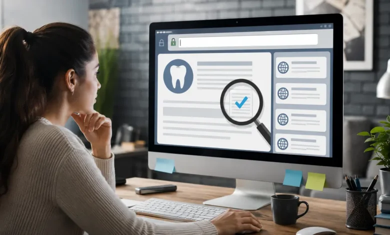 Editorial illustration of a computer displaying a generic website verification workflow for researching Brasssmile.com.
