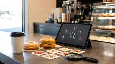 Editorial image showing a coffee, donut and breakfast sandwich beside an ingredient and allergen-check concept at a café counter.