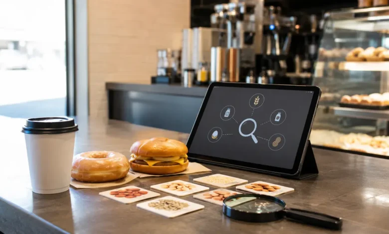 Editorial image showing a coffee, donut and breakfast sandwich beside an ingredient and allergen-check concept at a café counter.