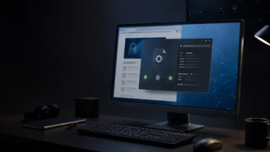 Desktop computer showing an abstract software download and authenticity verification workflow for an investigation into the unverified Mozillod5.2f5 software name.