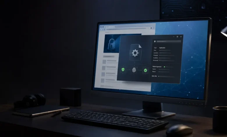 Desktop computer showing an abstract software download and authenticity verification workflow for an investigation into the unverified Mozillod5.2f5 software name.